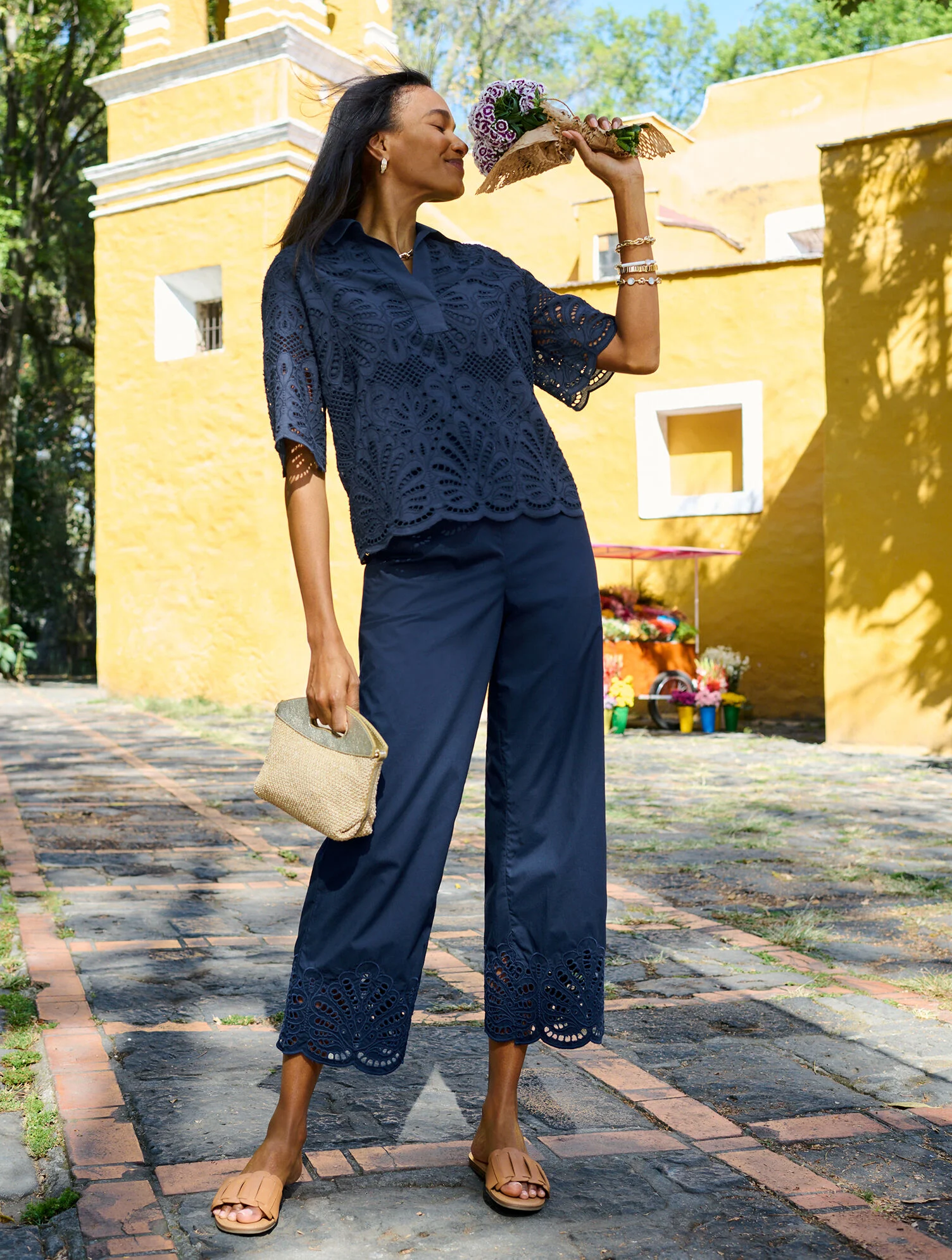 Wide Crop Pull-On Fresh Poplin Pants - Eyelet Hem