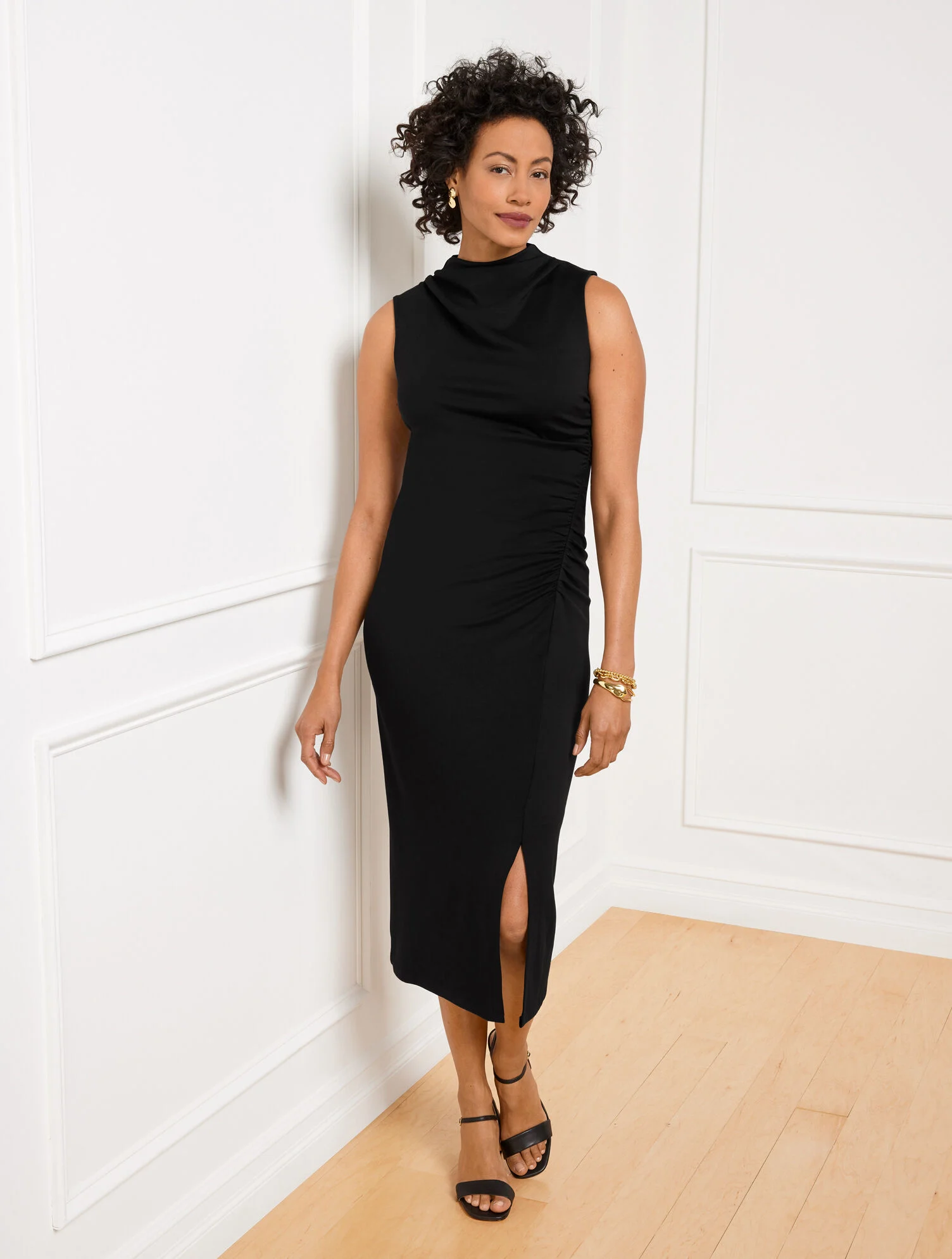 Gathered Cowl-Neck Ponte Midi Dress