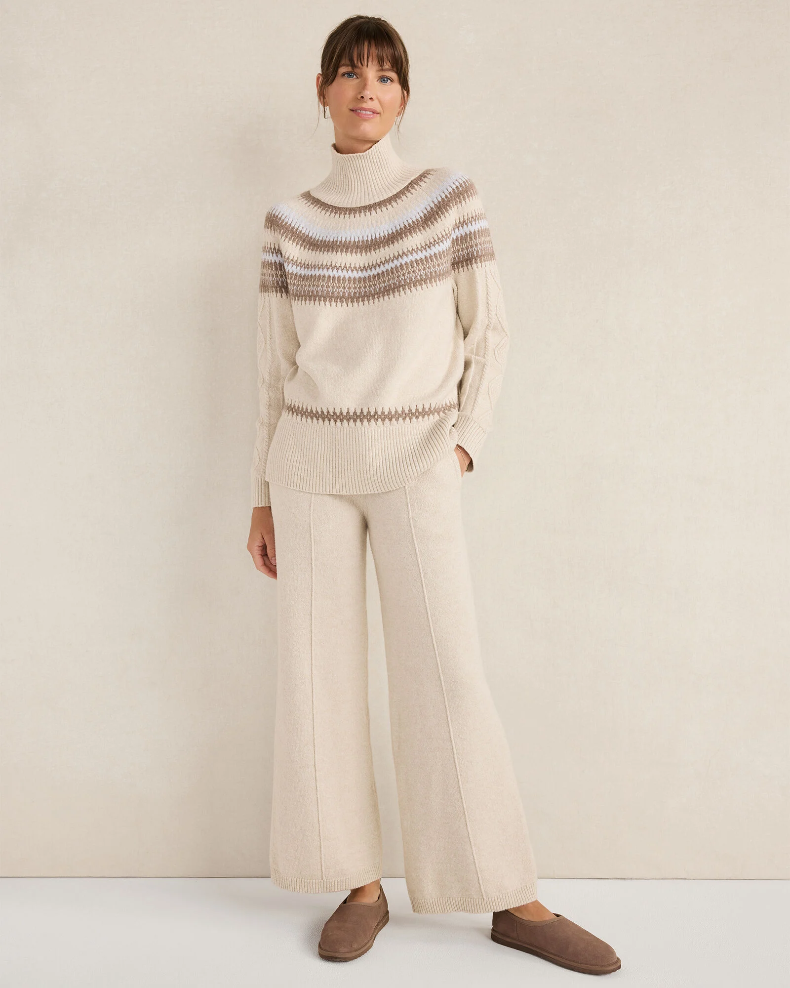 Organic Cotton Blend Fair Isle Cable Mockneck Sweater