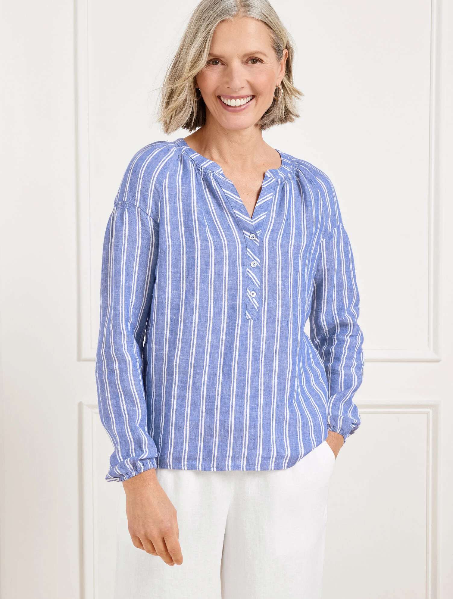 Lantern Sleeve Linen Top - Petal Stripe