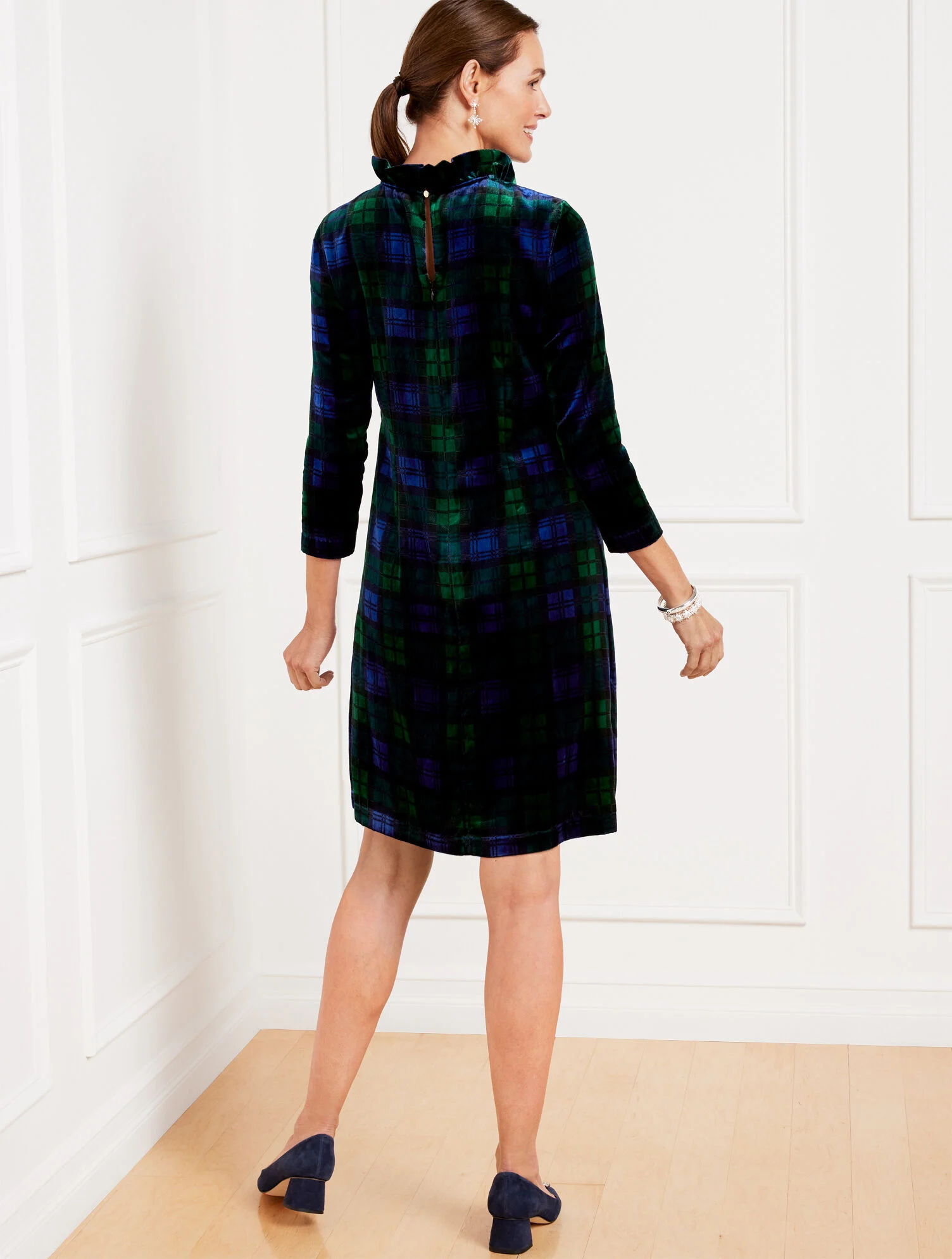 Effortless Velvet A-Line Dress - Black Watch Plaid