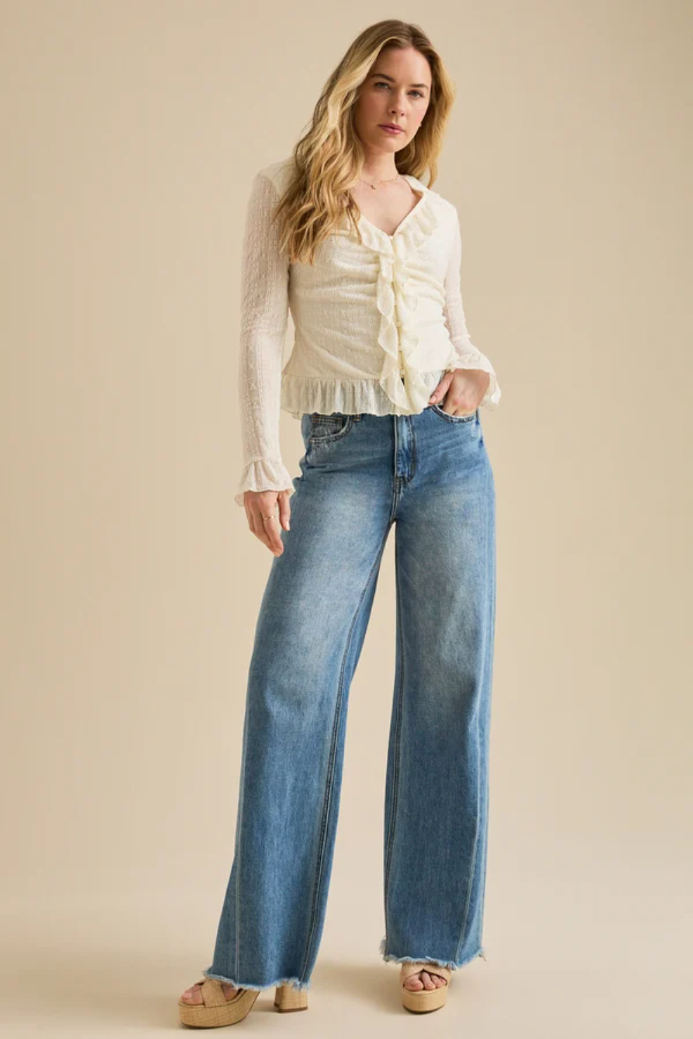 Magnolia Ruffle Pearl Button-Up Top