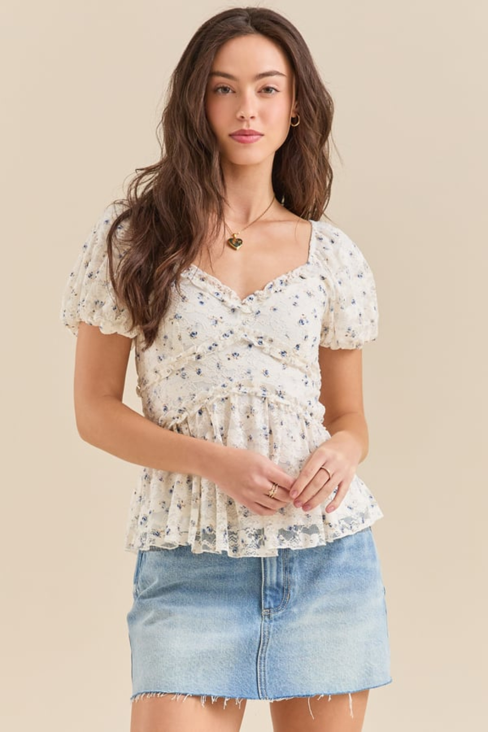 Rylie Printed Lace Babydoll Top