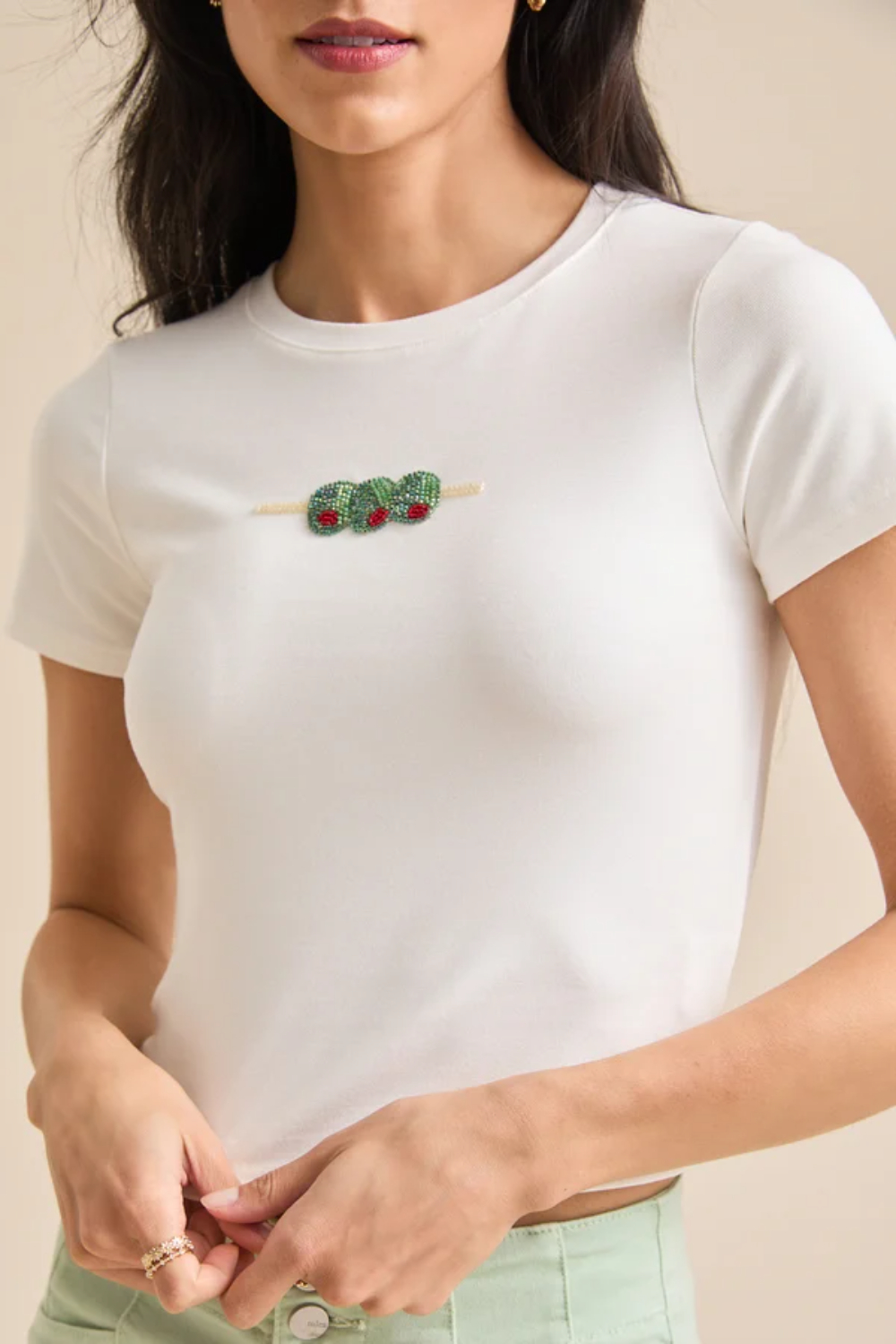 Olive Beaded Embroidery Tee