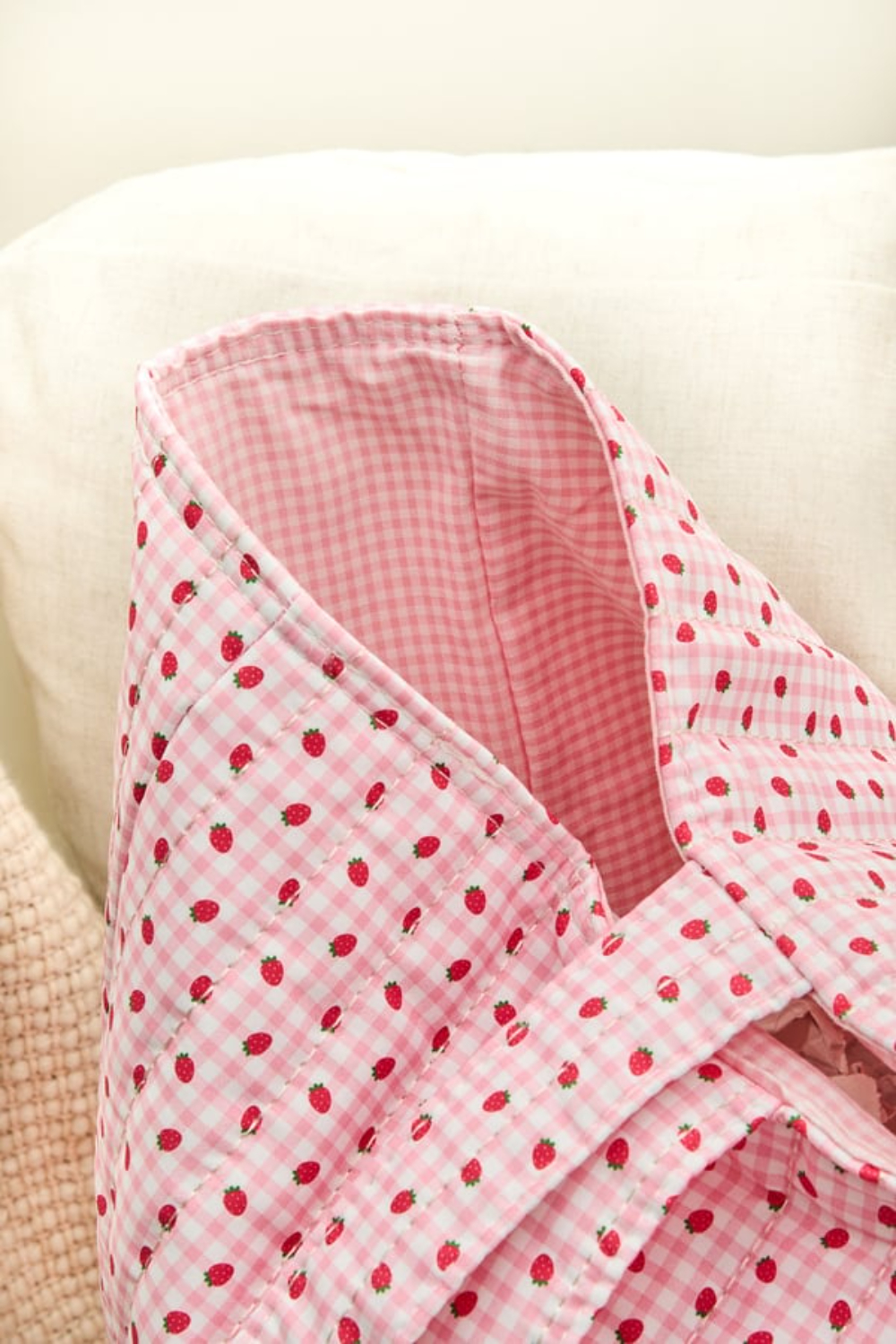 Strawberry Gingham Quilted Tote Bag