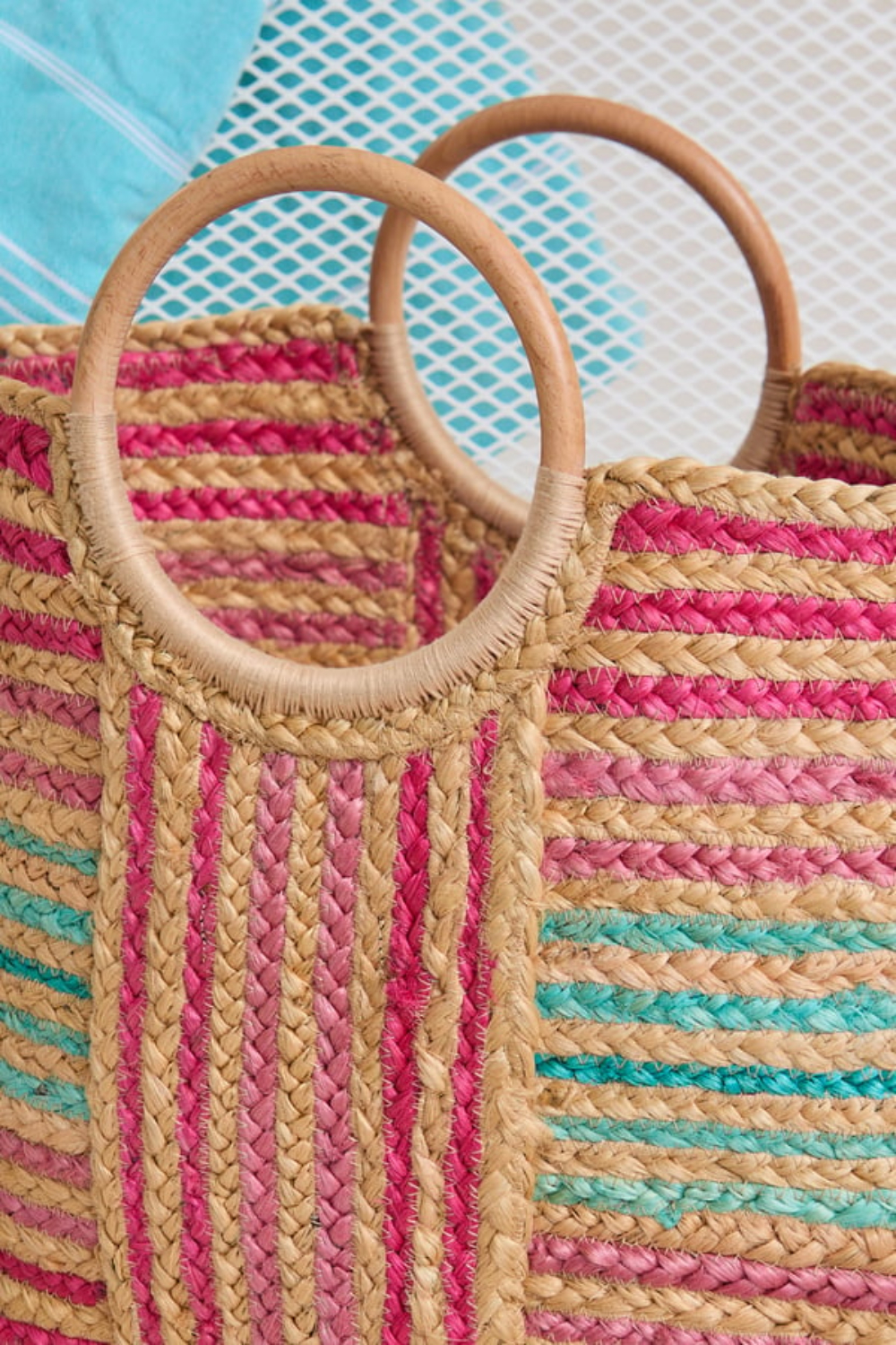 Striped Woven Beach Tote Bag