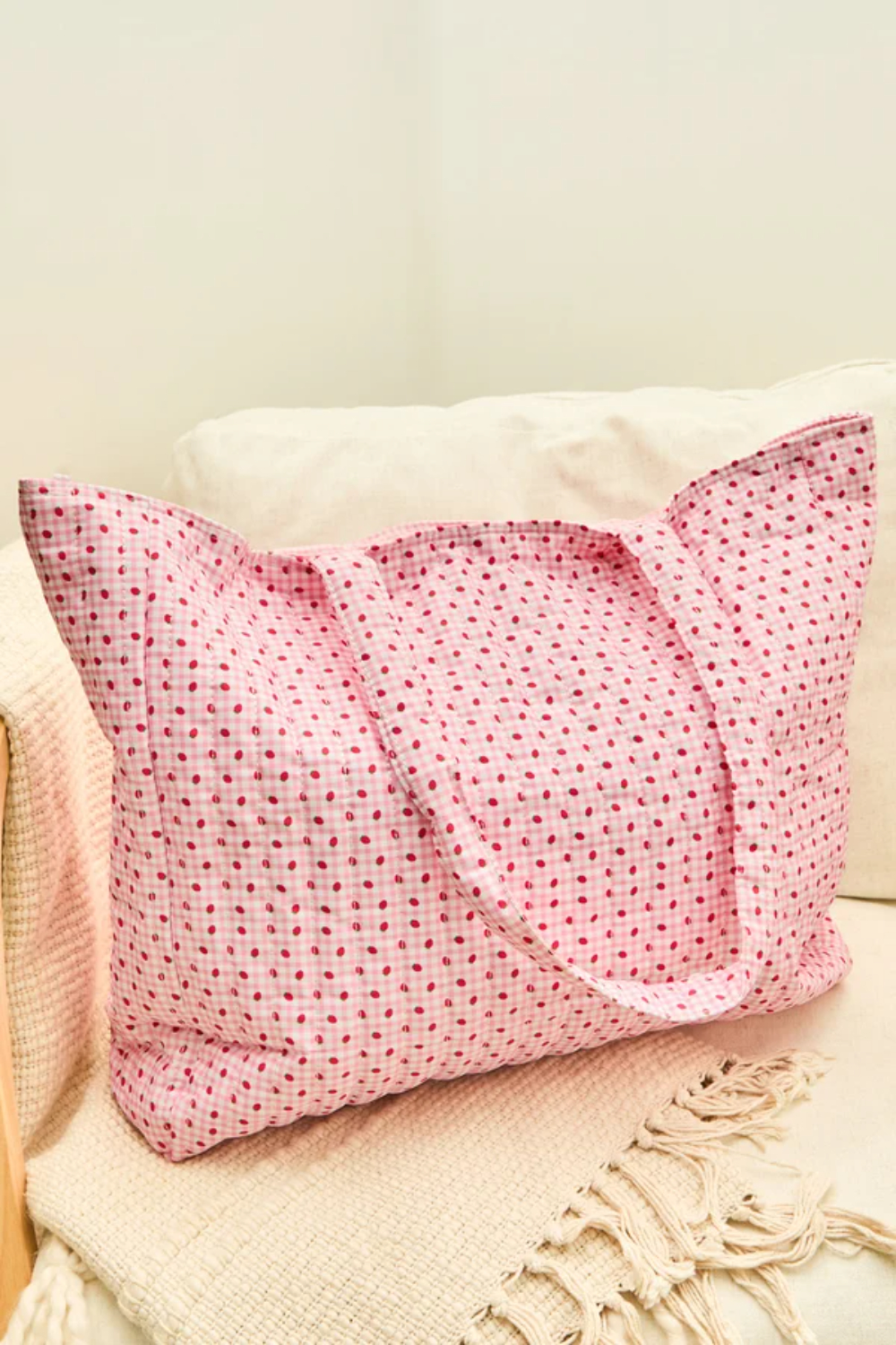 Strawberry Gingham Quilted Tote Bag