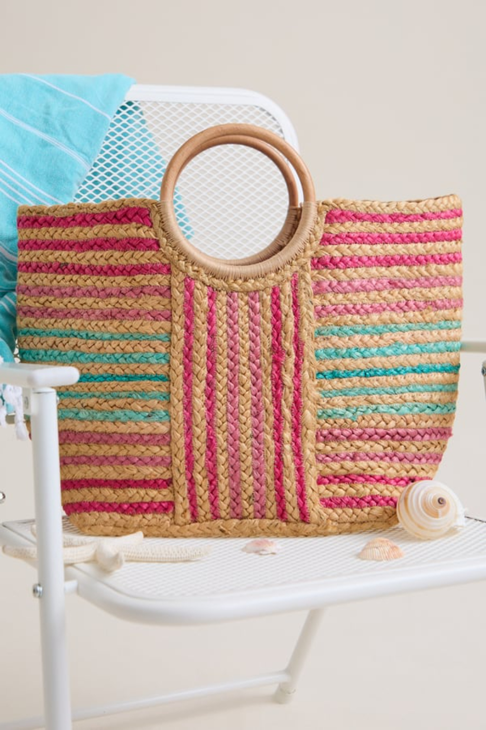 Striped Woven Beach Tote Bag