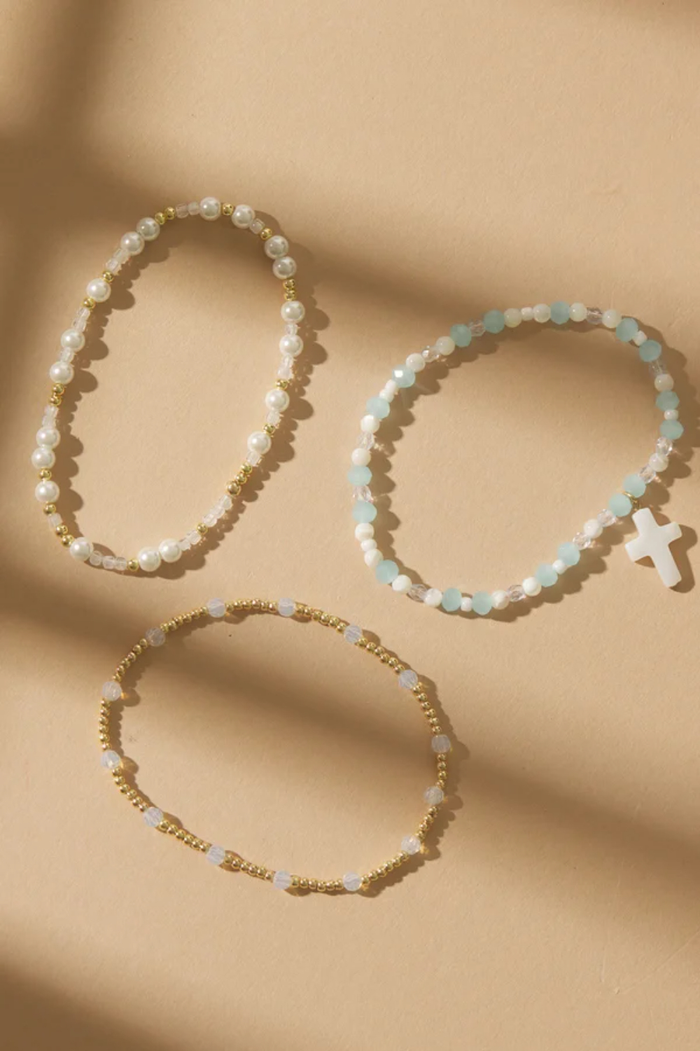 Blue Glass Bead Cross Bracelet Set