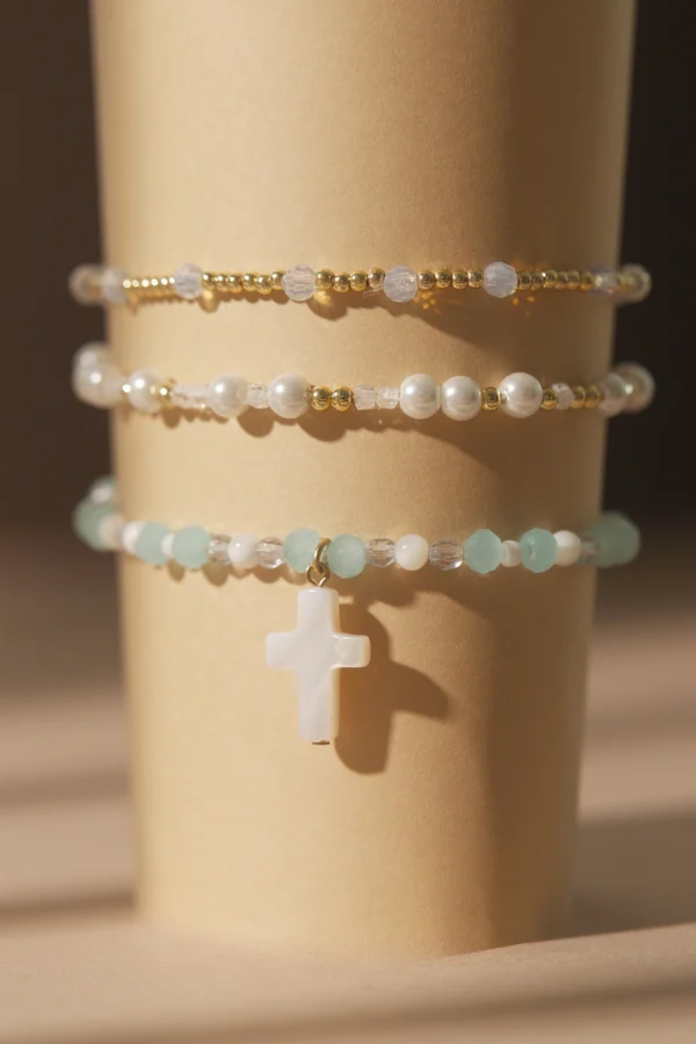Blue Glass Bead Cross Bracelet Set