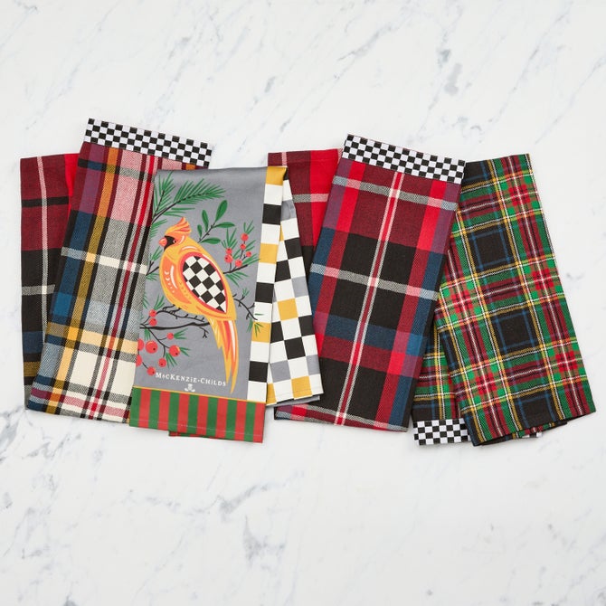Holiday Cardinal & Tartan Check Assorted Woven Dish Towels Set