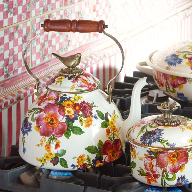 White Flower Market 3 Quart Tea Kettle with Bird