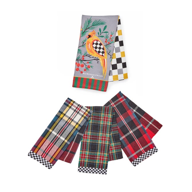 Holiday Cardinal & Tartan Check Assorted Woven Dish Towels Set
