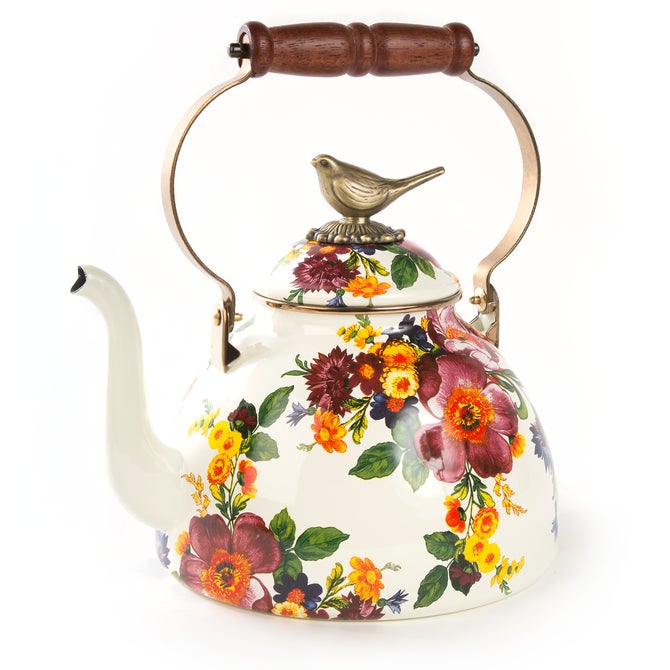 White Flower Market 3 Quart Tea Kettle with Bird