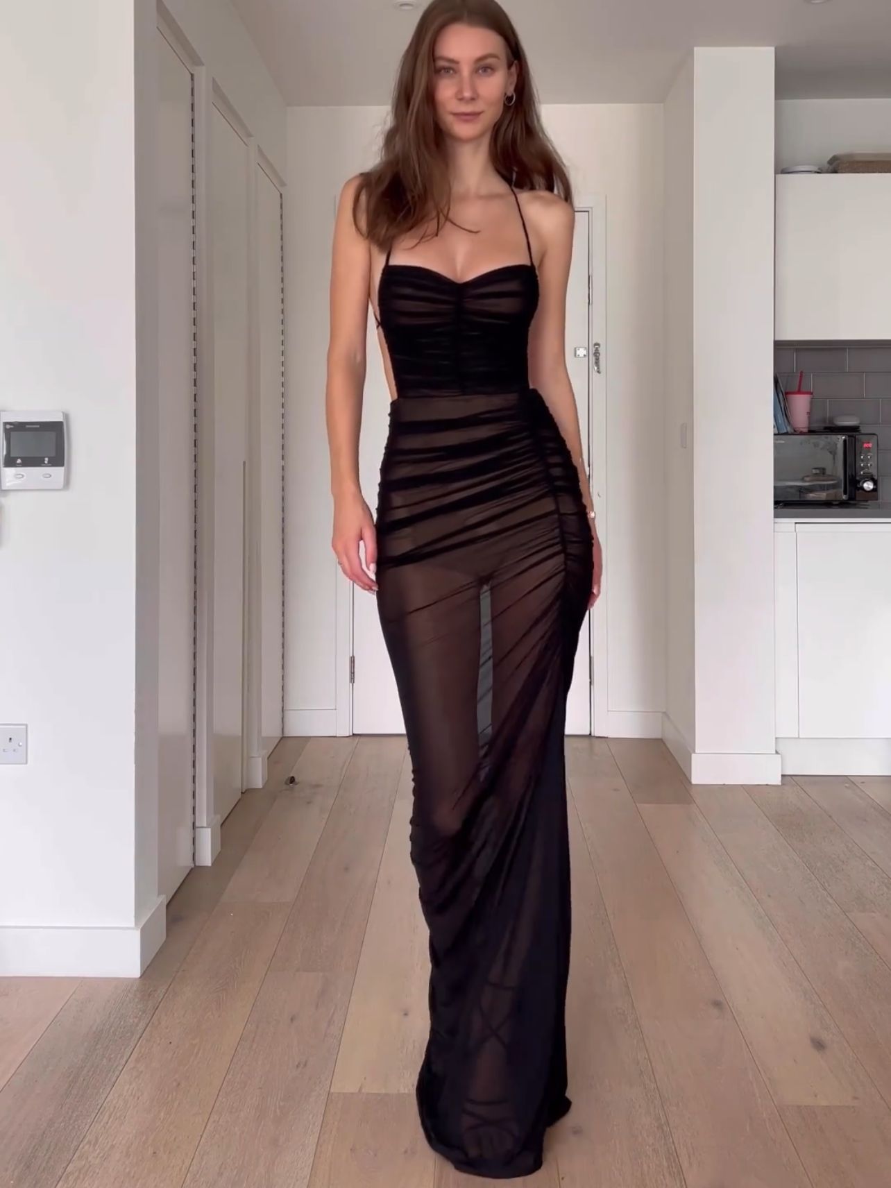 Sexy see-through high slit suspender dress (with lining)