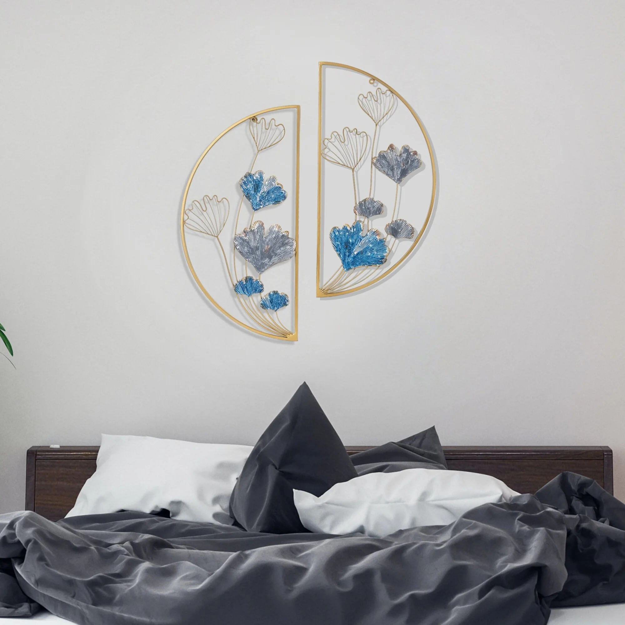 Metal Ginkgo Leaves Wall Decor Set of 2 Half Moon Wall Sculpture