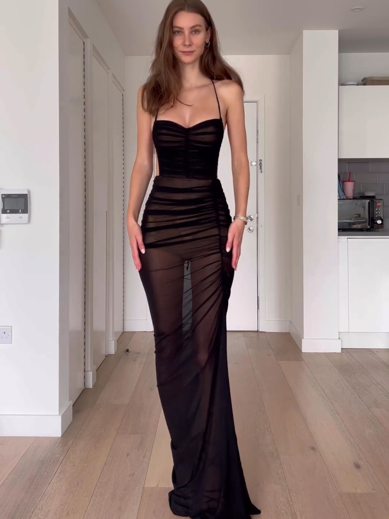 Sexy see-through high slit suspender dress (with lining)