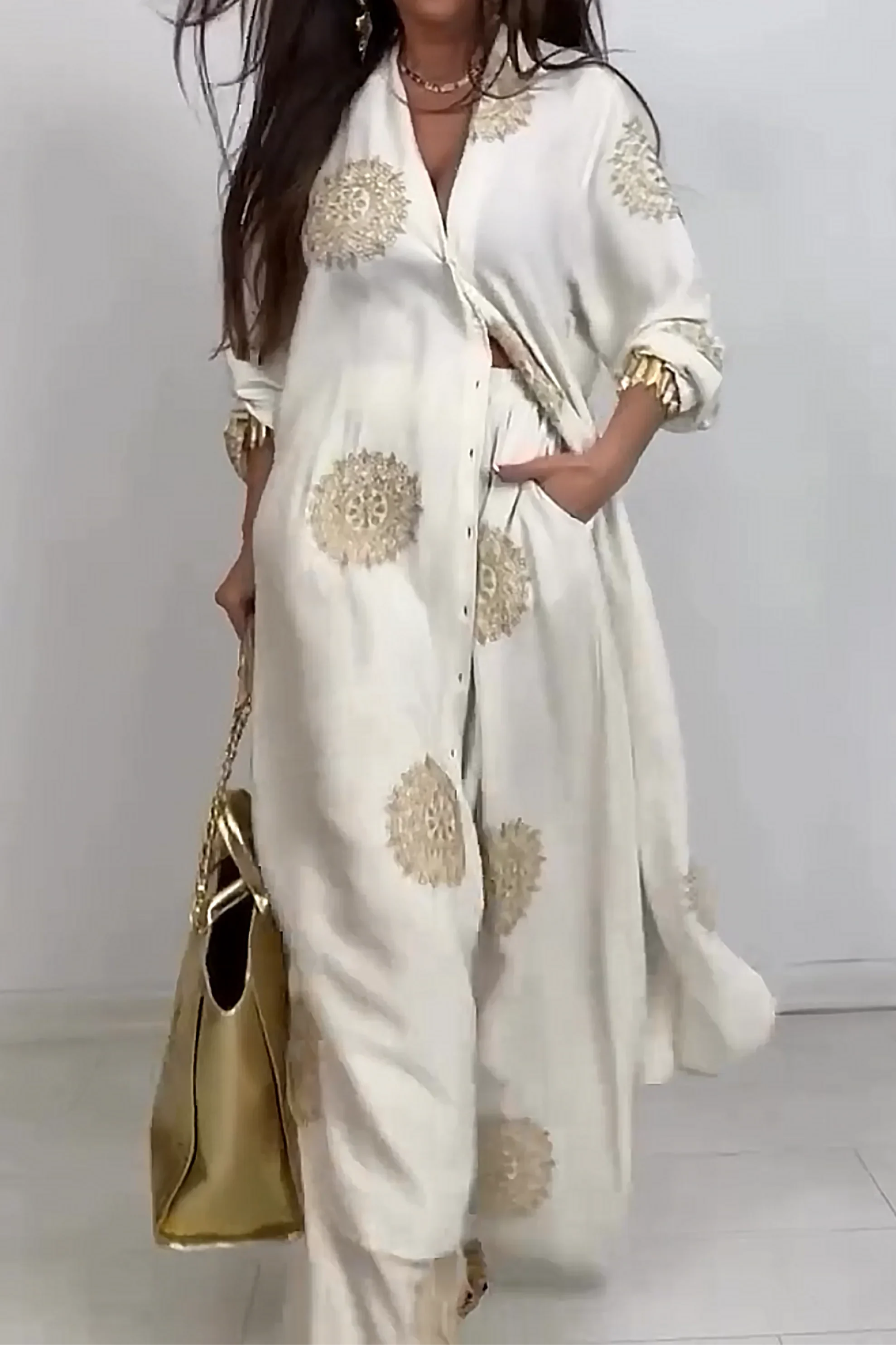 V-neck Long Coat & Printed Wide-leg Pants Two-piece Set