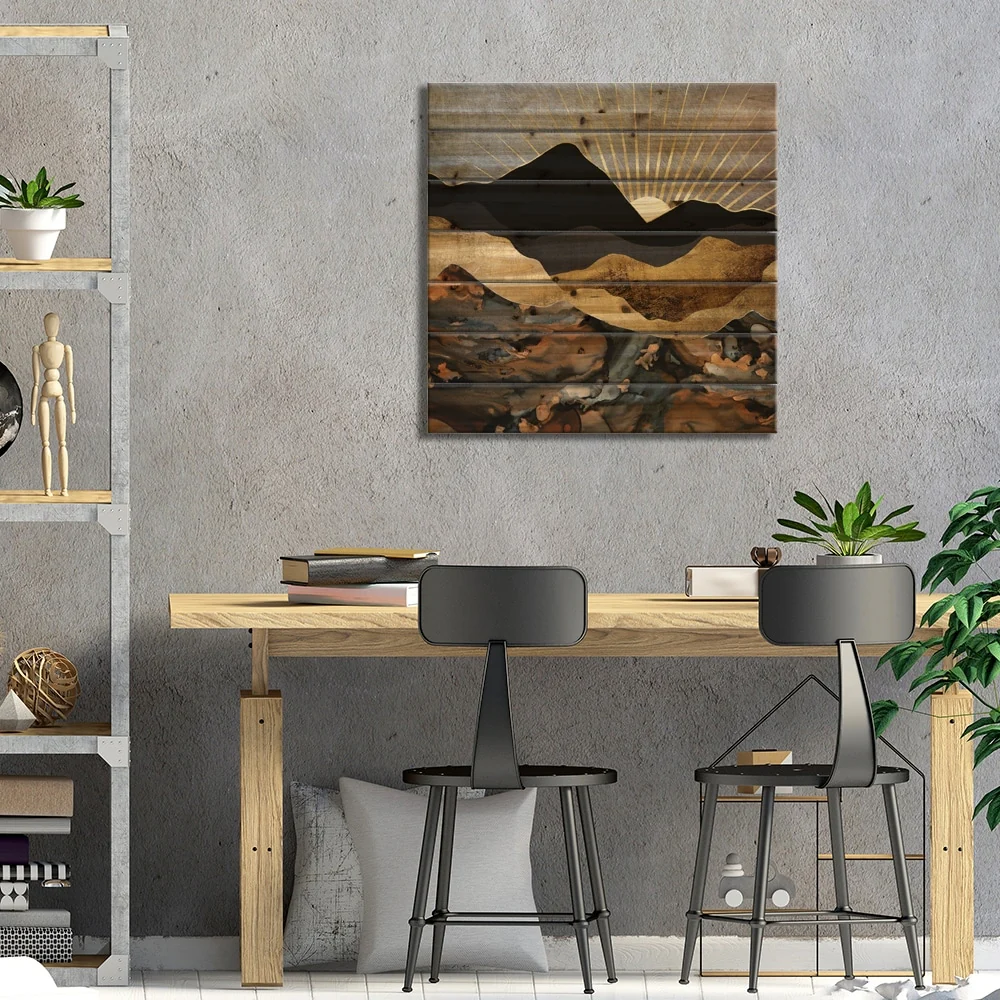 Copper and Gold Mountains Print On Wood  - Multi-Color