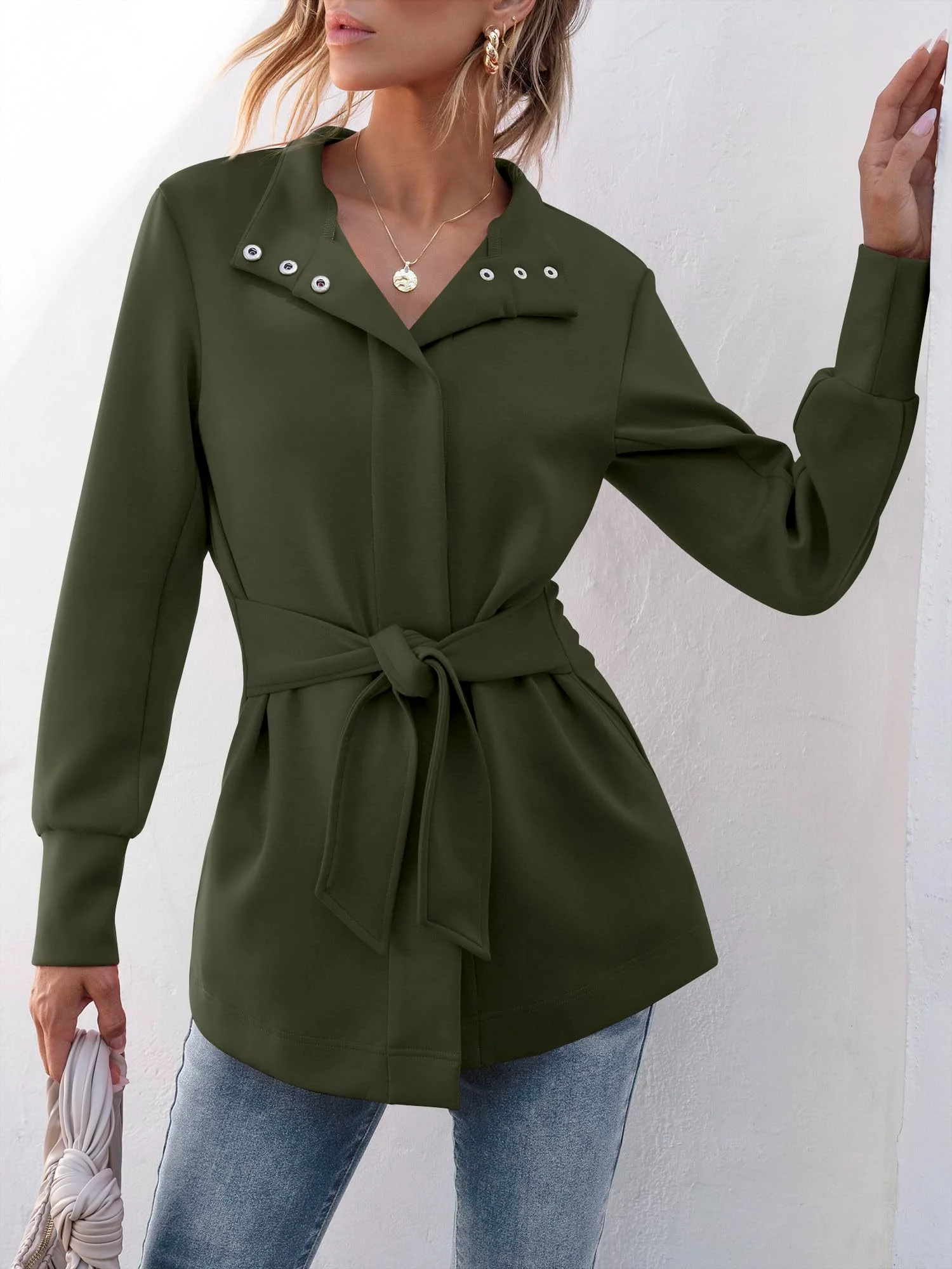 ✨WOMENS JACKET BELTED CASUAL WRAP TRENCH COAT BUTTON UP DRESSY OUTERWEAR WITH POCKETS