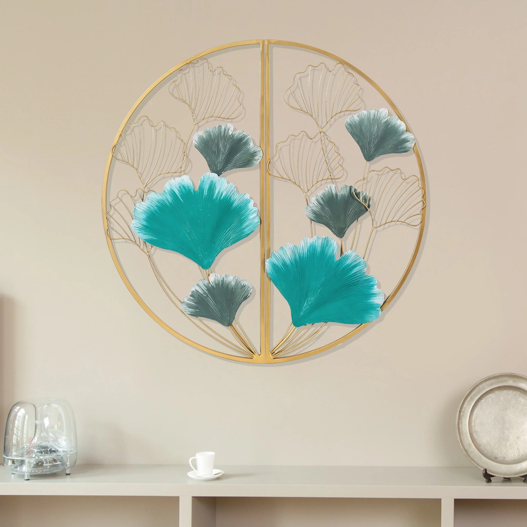 Metal Ginkgo Leaves Wall Decor Set of 2 Half Moon Wall Sculpture