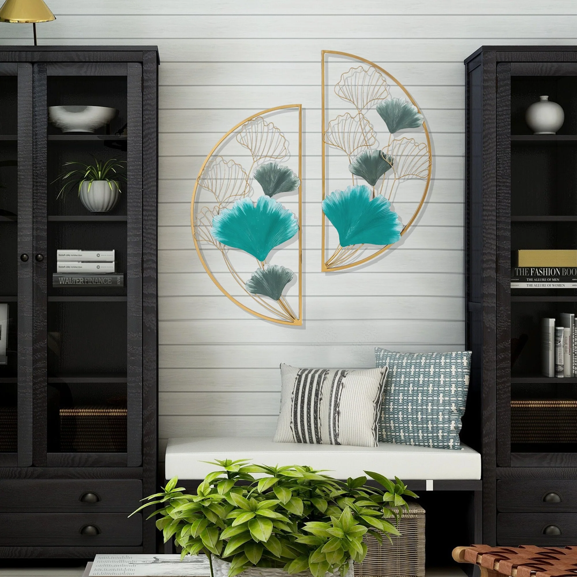 Metal Ginkgo Leaves Wall Decor Set of 2 Half Moon Wall Sculpture