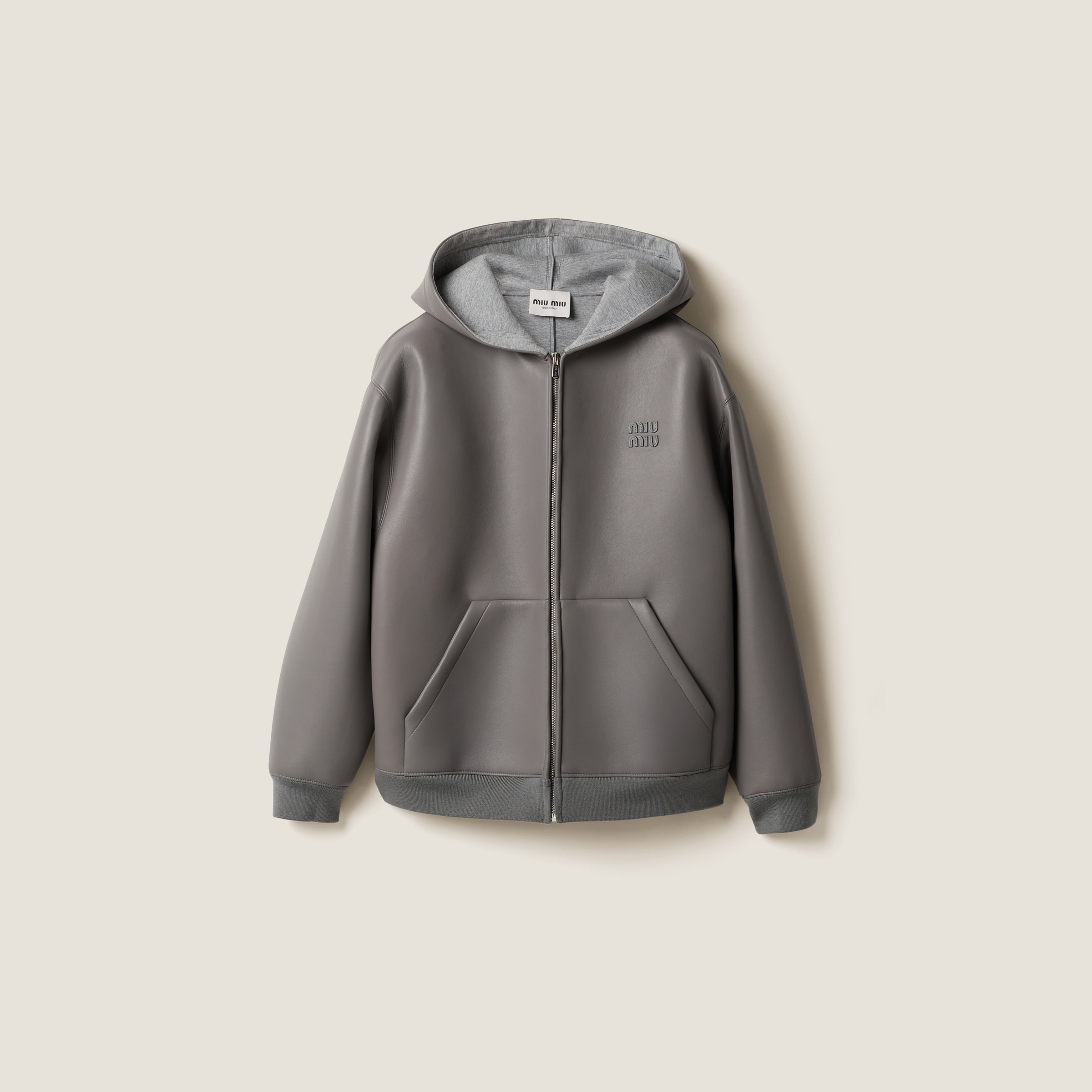 Nappa leather and bonded jersey hoodie jacket