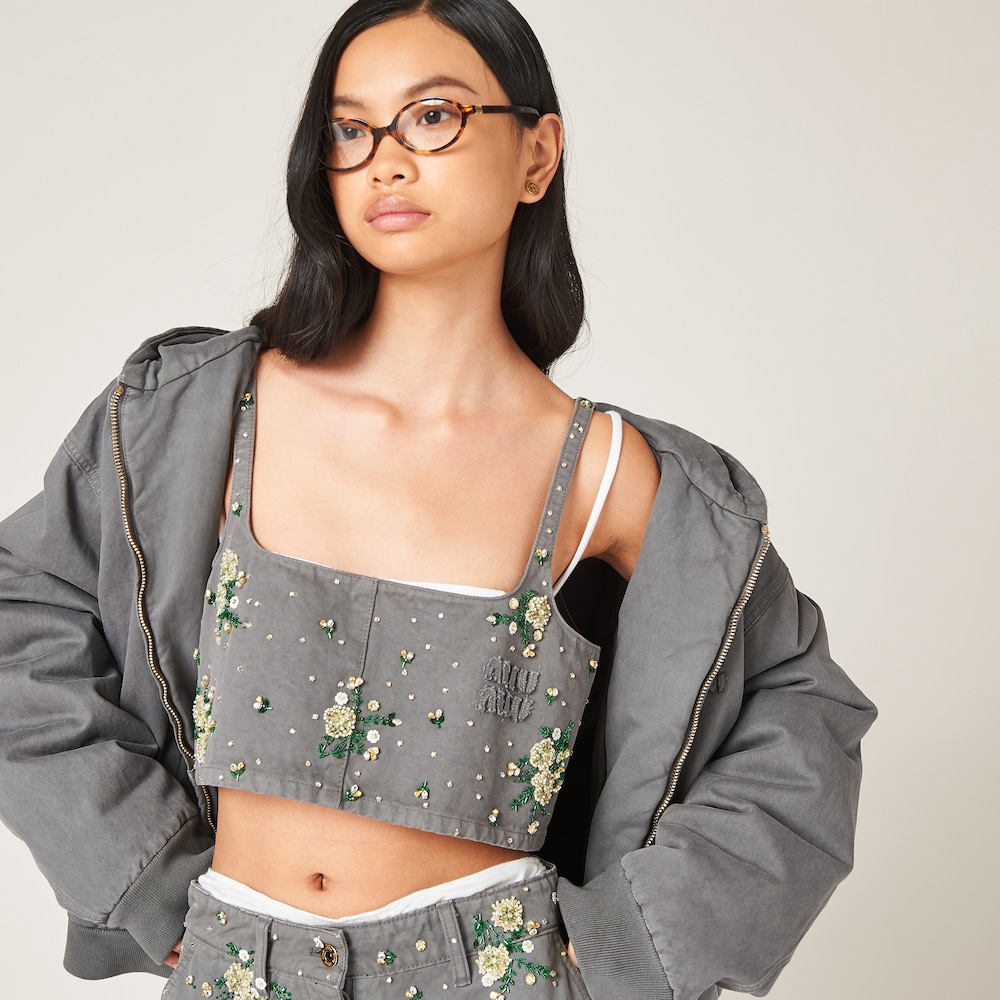 Embroidered garment-dyed gabardine top