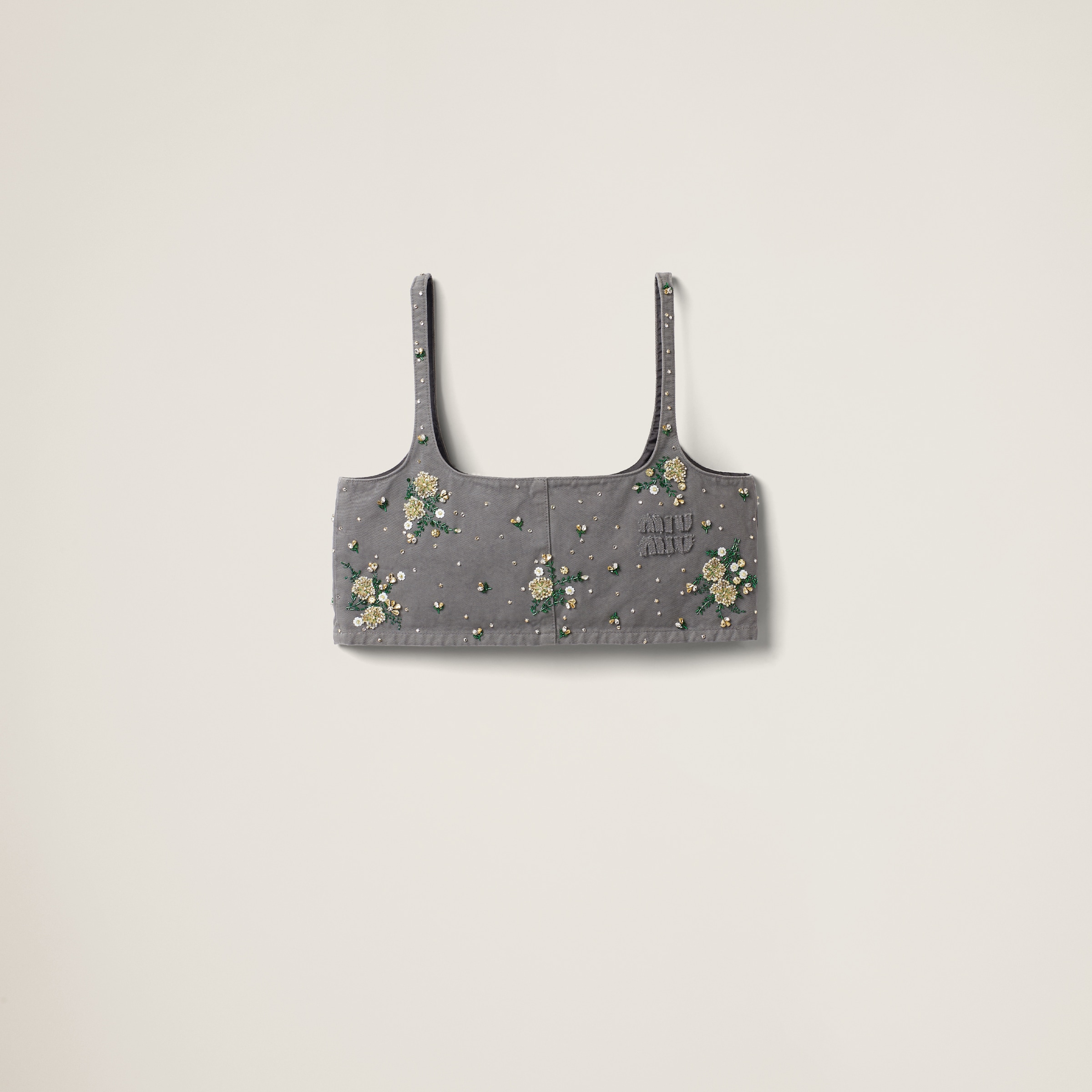 Embroidered garment-dyed gabardine top