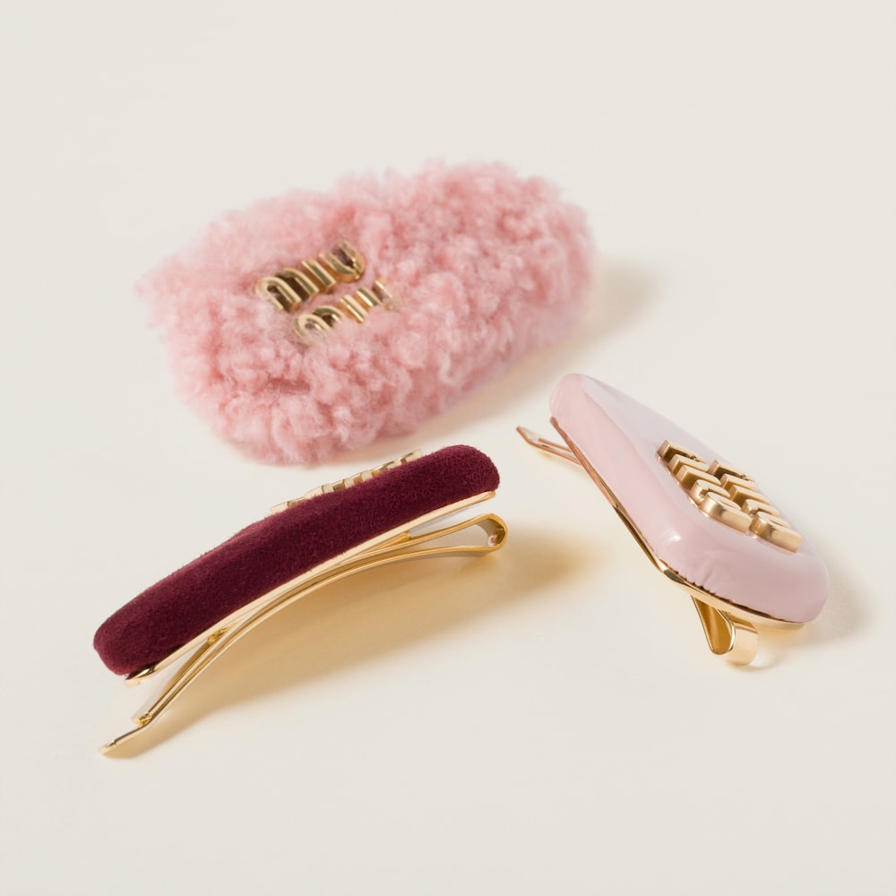 Set of leather, suede, and shearling hair clips
