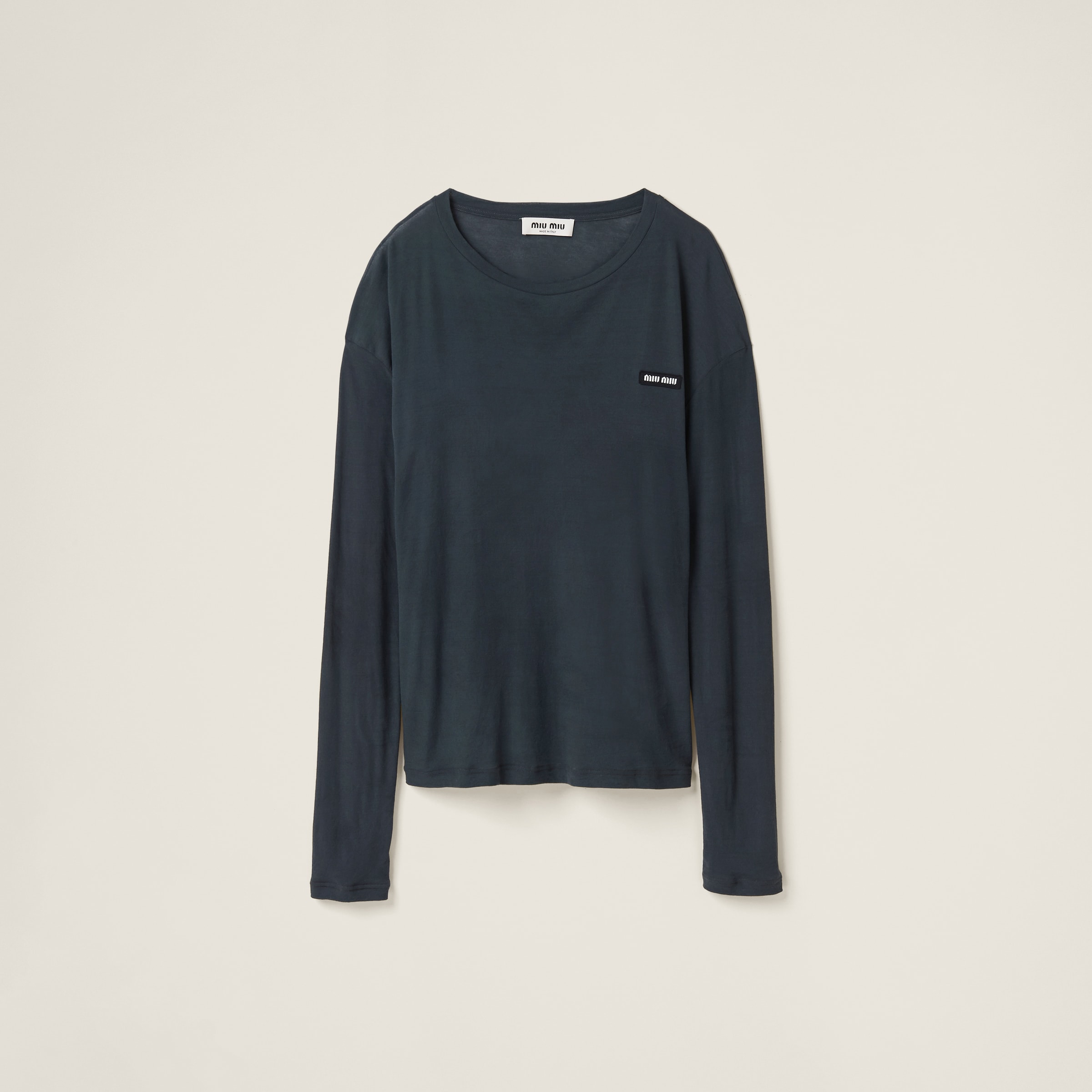 Long-sleeved garment-dyed ribbed knit jersey T-shirt