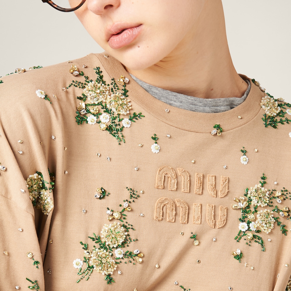 Garment-dyed long-sleeve jersey T-shirt with embroidery