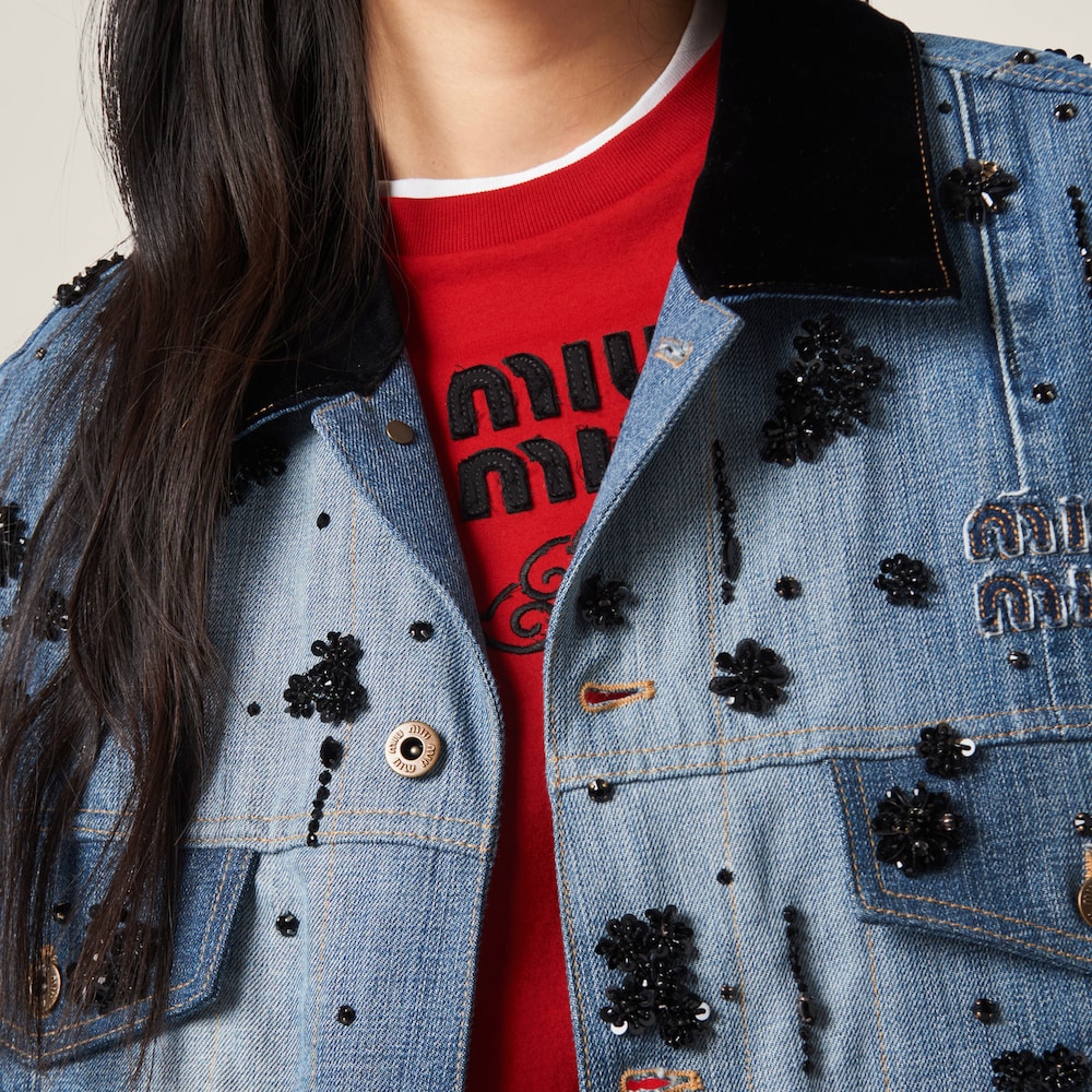 Embellished denim trucker vest