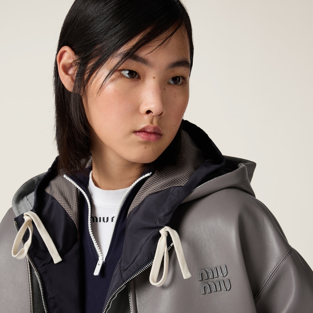 Nappa leather and bonded jersey hoodie jacket