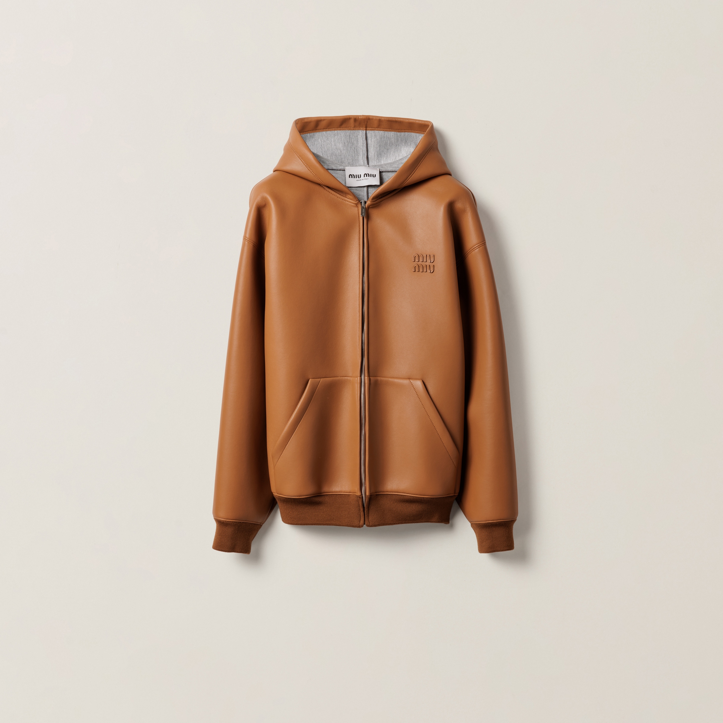 Nappa leather and bonded jersey hoodie jacket