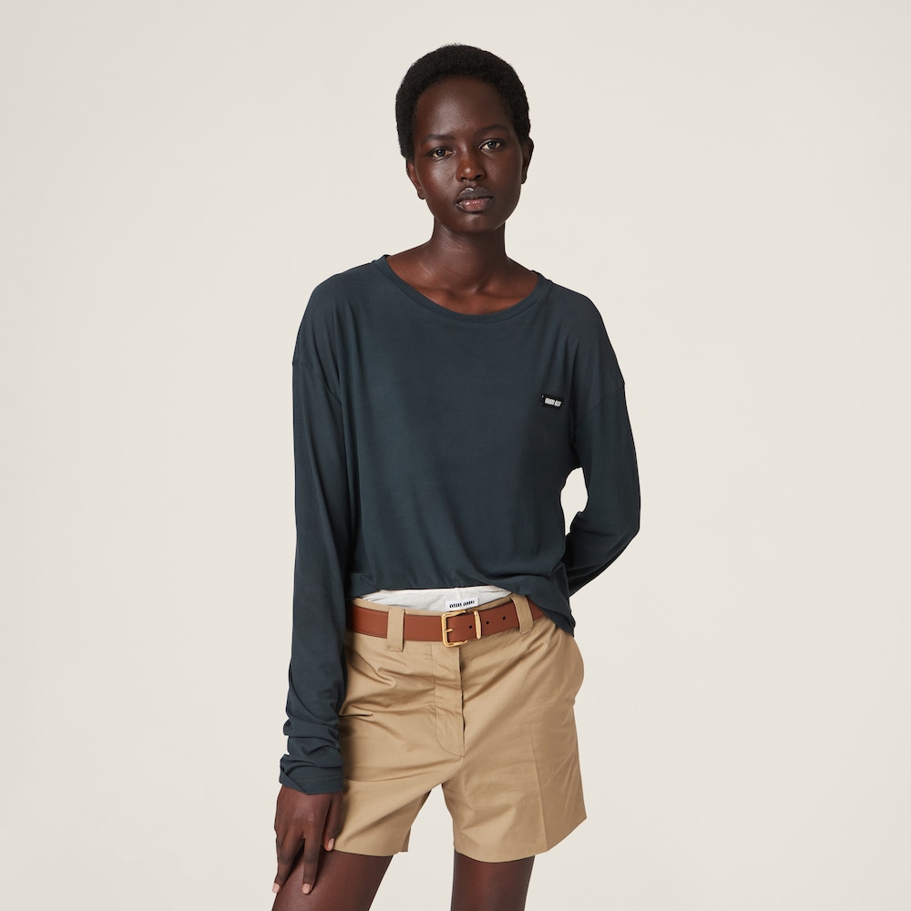 Long-sleeved garment-dyed ribbed knit jersey T-shirt