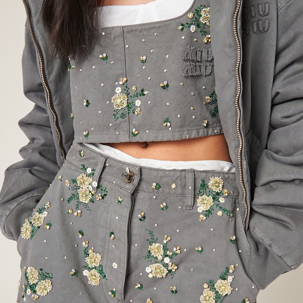 Embroidered garment-dyed gabardine top