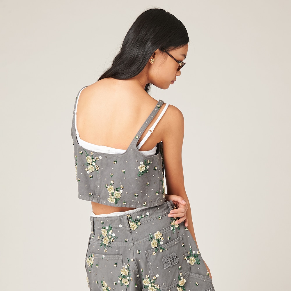 Embroidered garment-dyed gabardine top