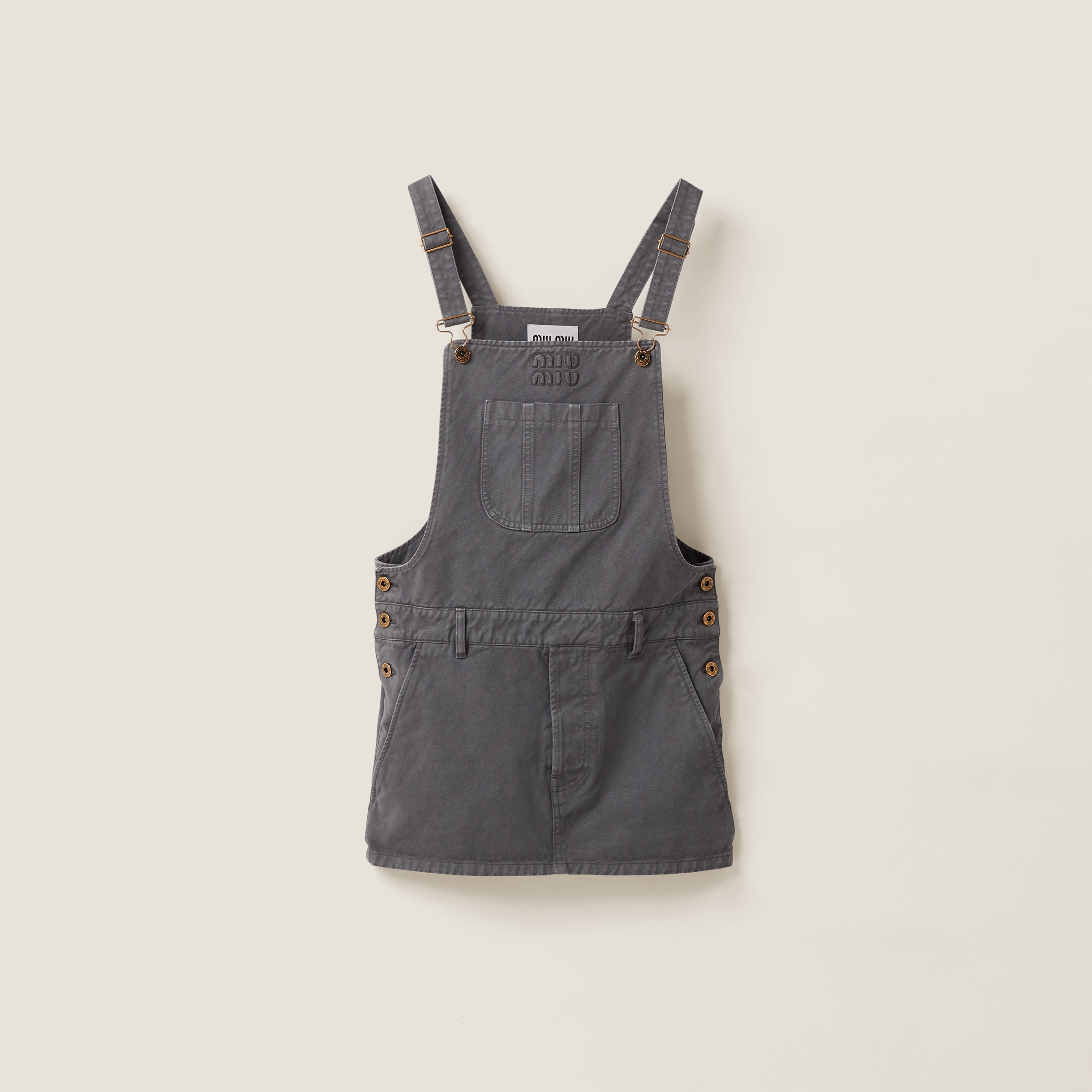 Garment-dyed gabardine overall mini-dress