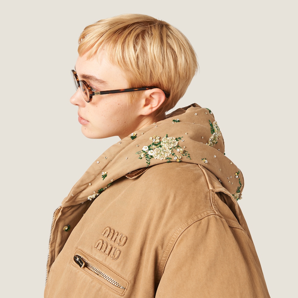 Embroidered garment-dyed gabardine blouson jacket