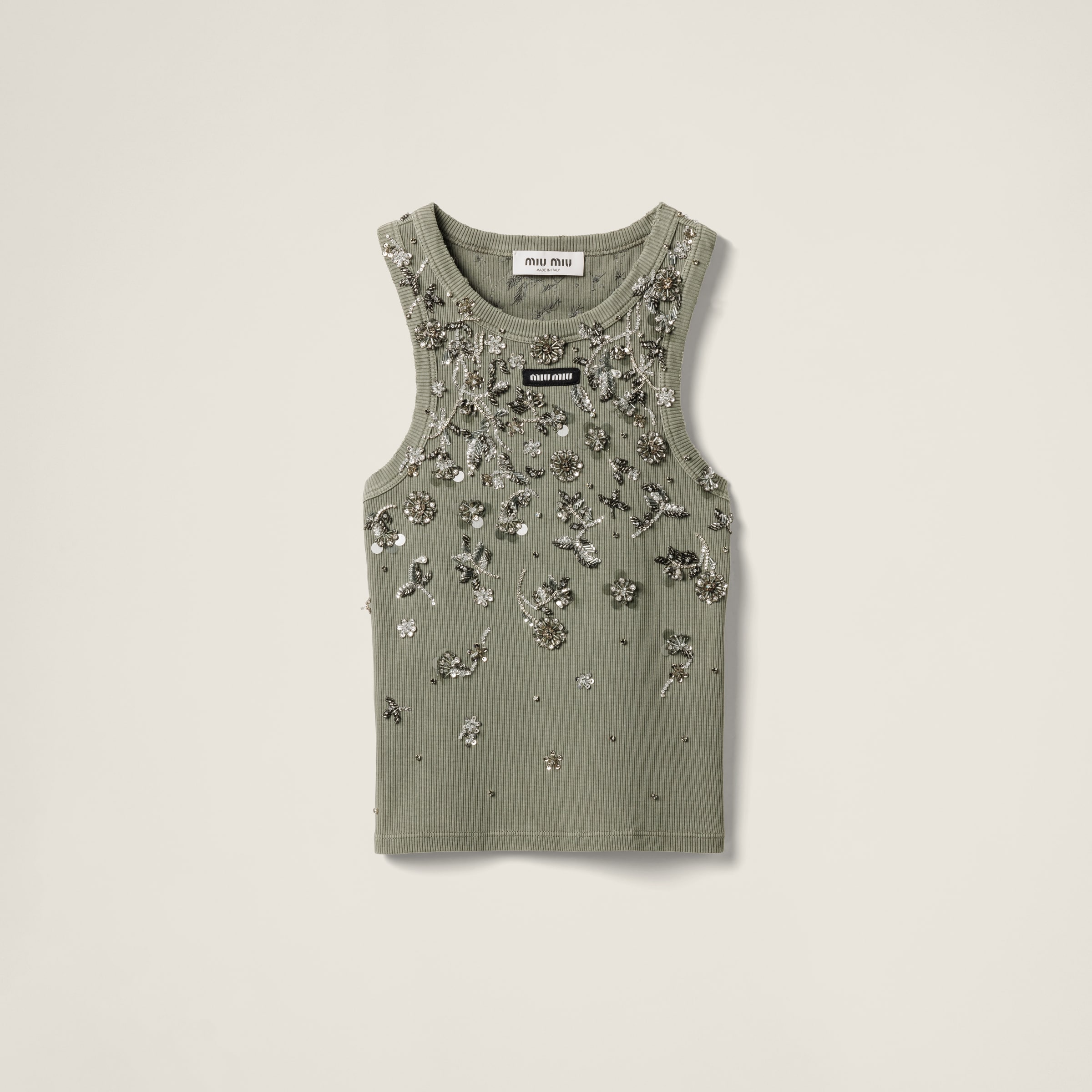 Garment-dyed embroidered ribbed knit jersey top