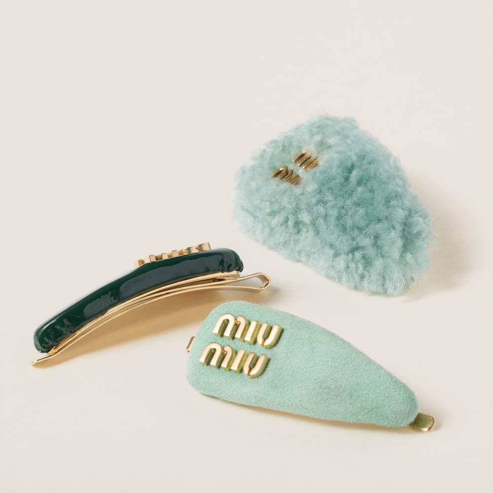 Set of leather, suede, and shearling hair clips