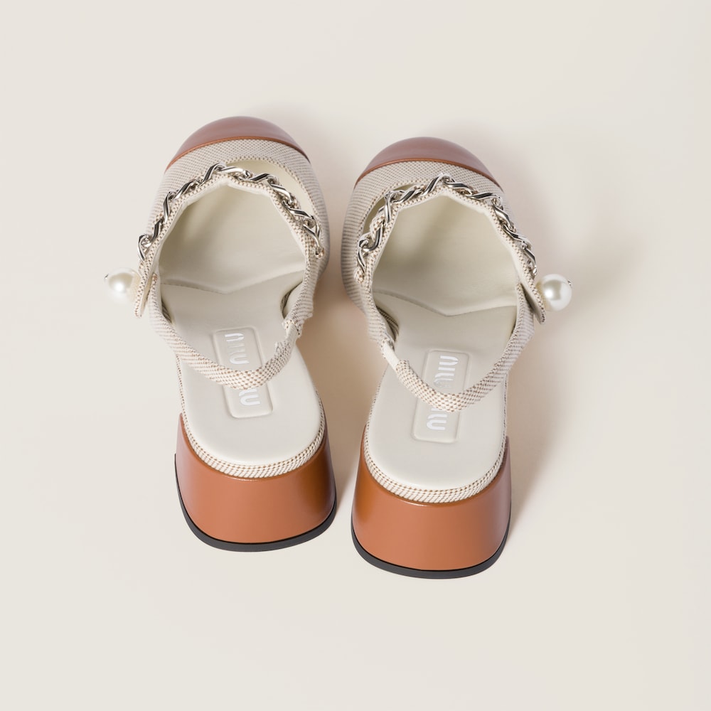 Canvas and leather slingback pumps