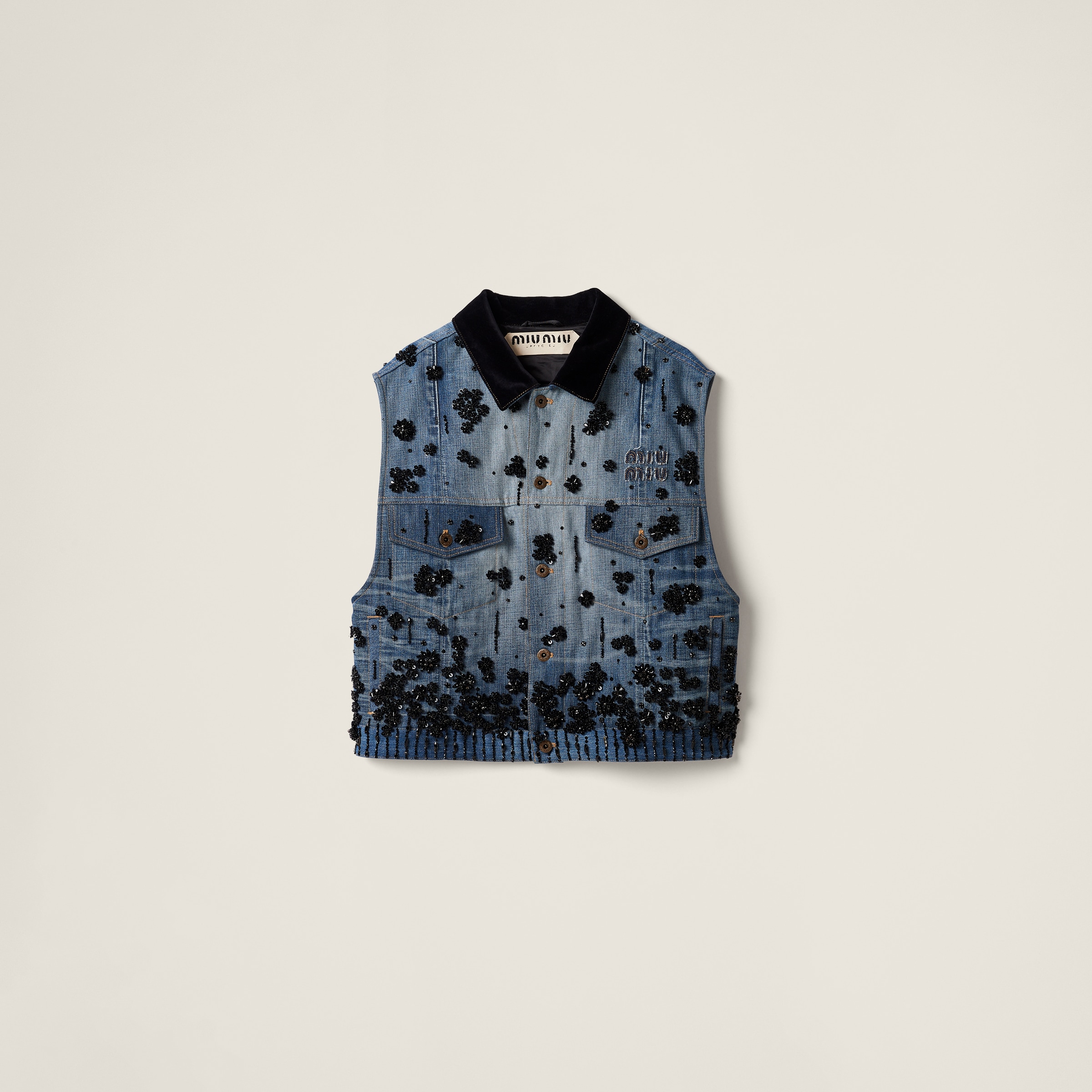 Embellished denim trucker vest
