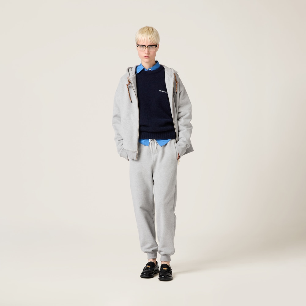 Cotton fleece pants with leather trim