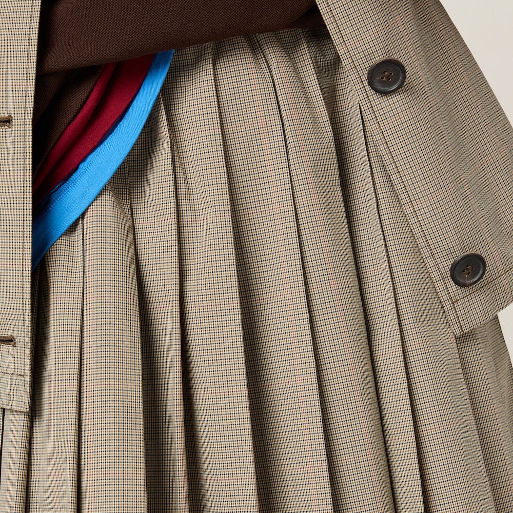 Pleated checked technical fabric midi-skirt