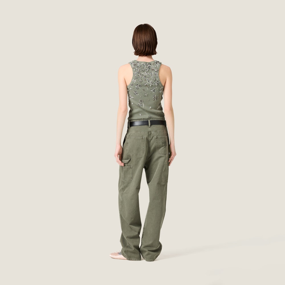 Garment-dyed embroidered ribbed knit jersey top