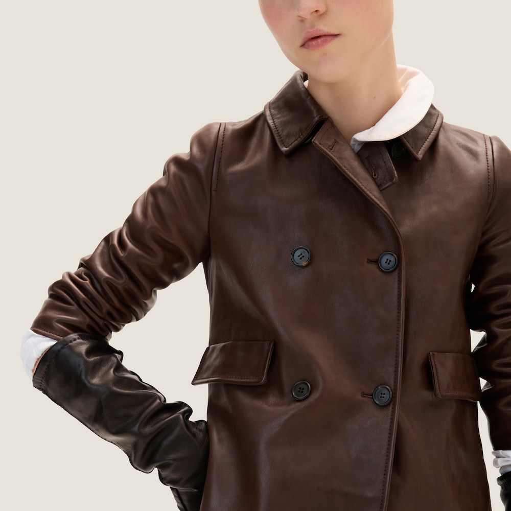 Double-breasted leather coat