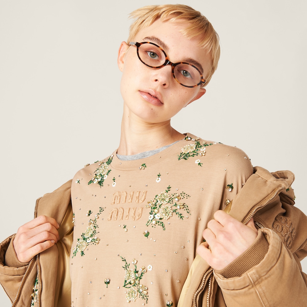 Garment-dyed long-sleeve jersey T-shirt with embroidery