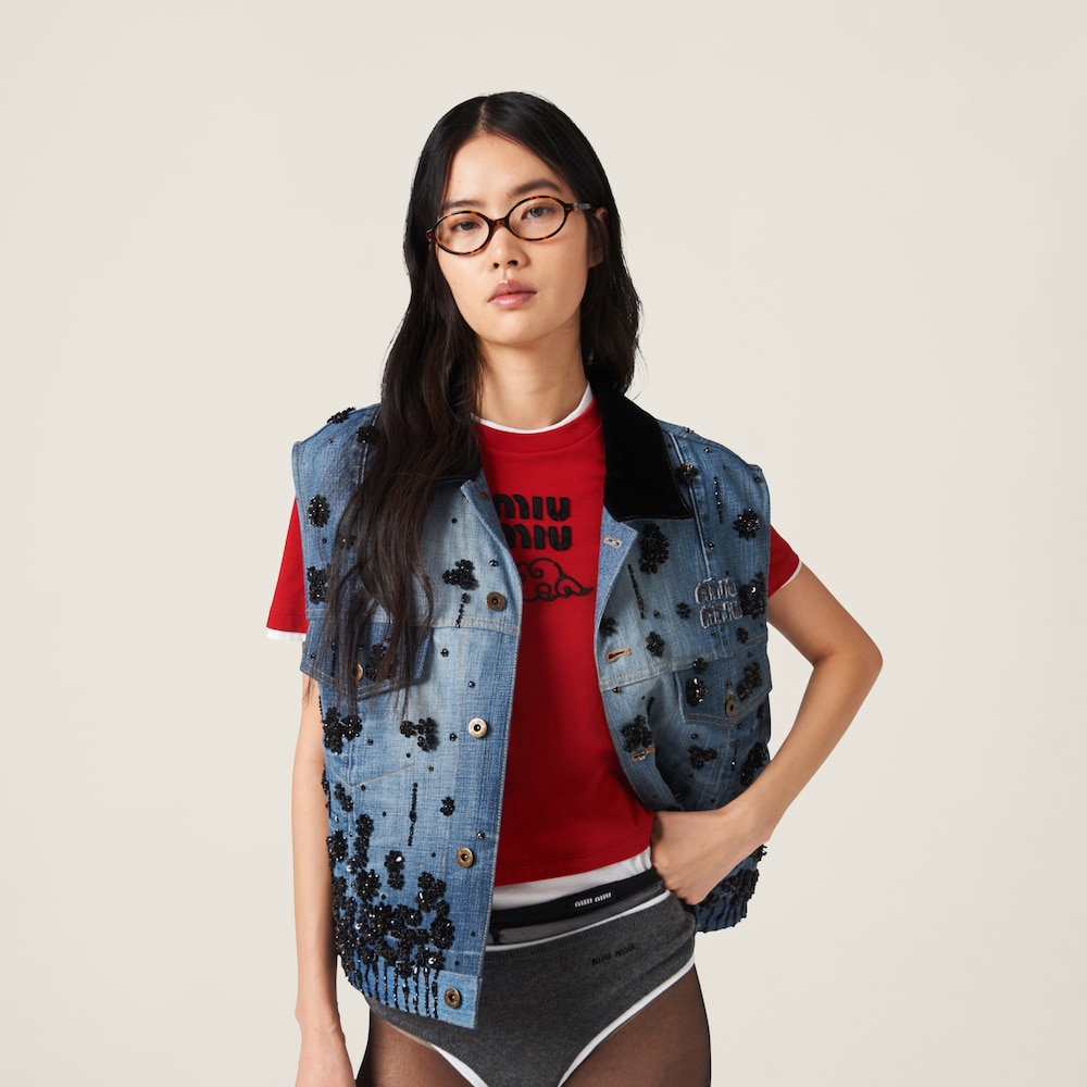 Embellished denim trucker vest